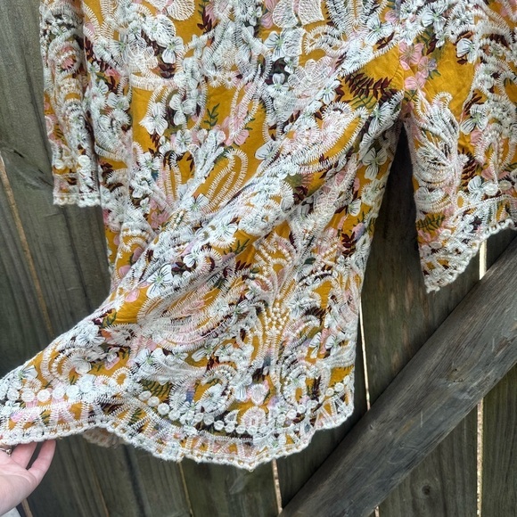 Solitaire by Ravi Kholsa Boho Mustard Yellow Allover Florak Embroidered Blouse - Picture 3 of 7